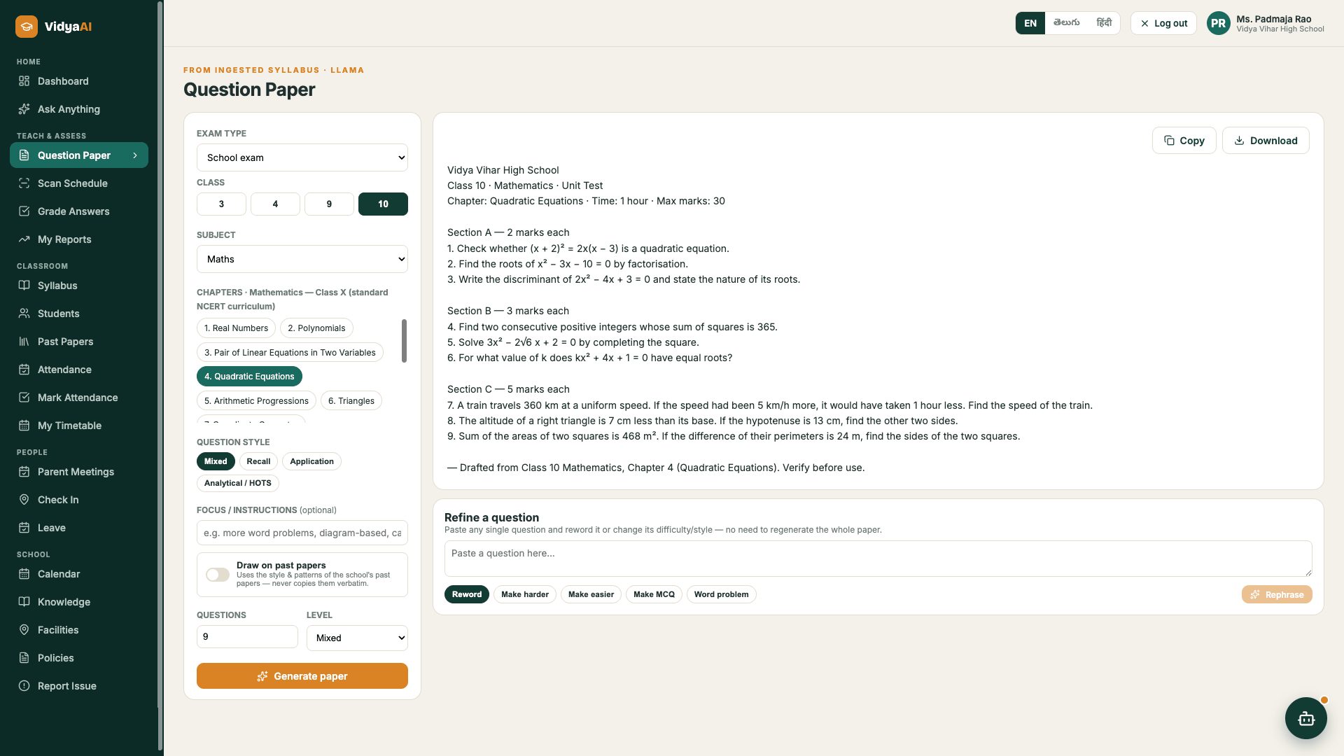 VidyaAI question paper generator with class, subject, chapter and marks options beside a drafted Class 10 Maths paper