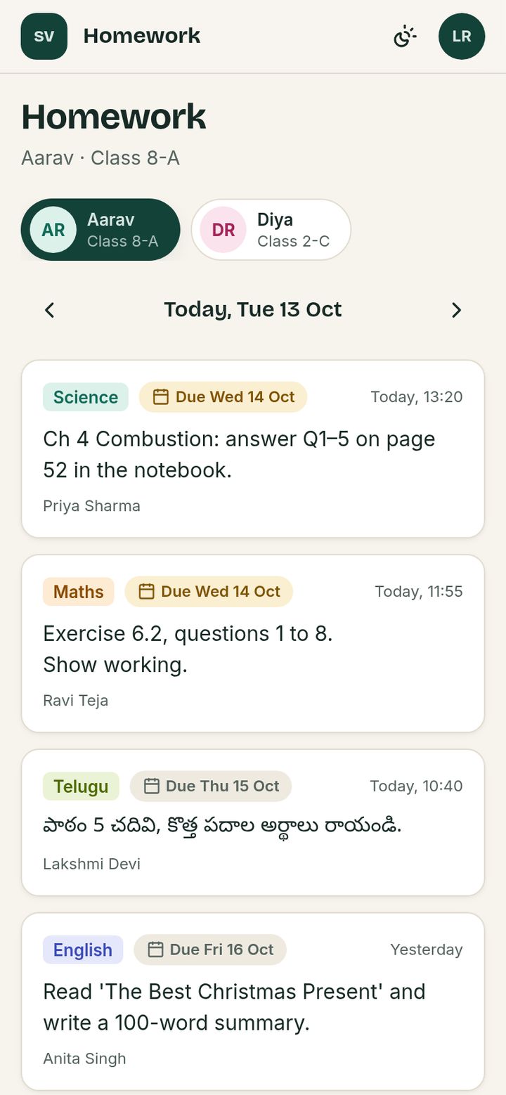 VidyaAI homework list on a small screen with Science, Maths and Telugu tasks and their due dates