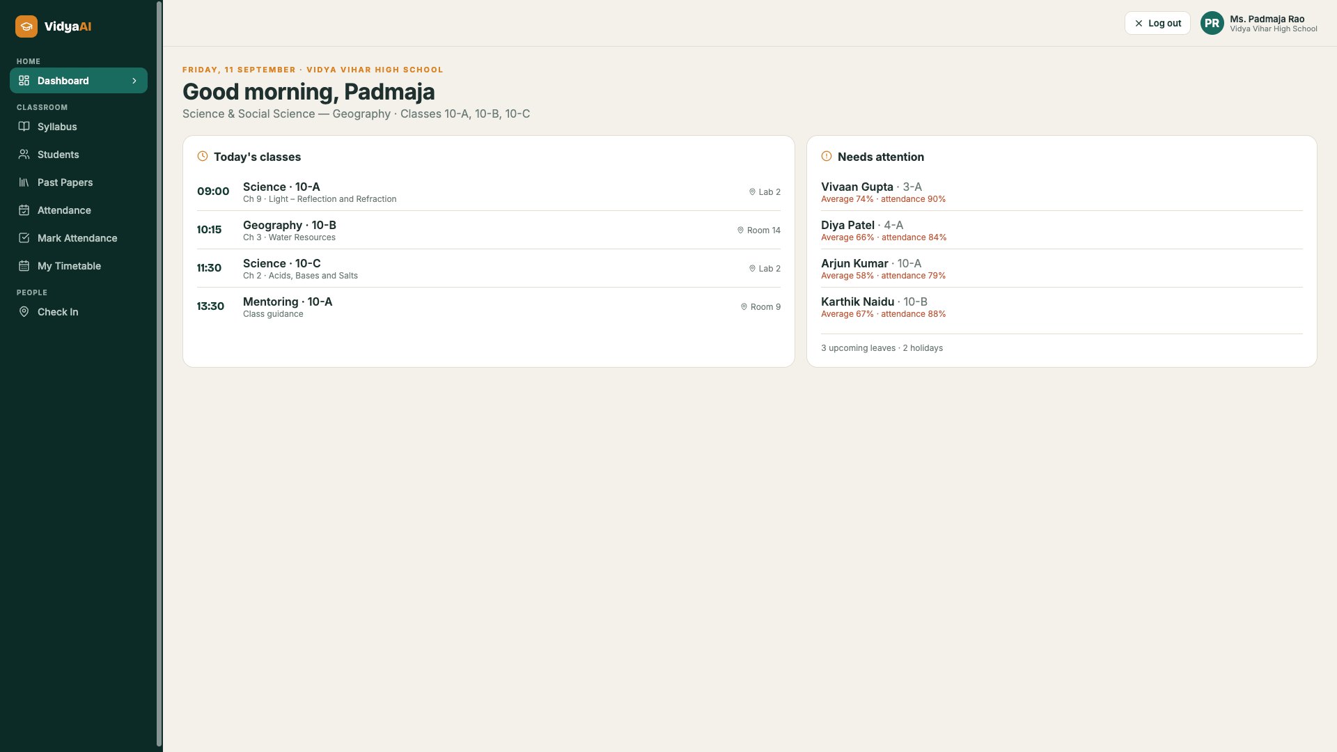VidyaAI teacher dashboard showing today's classes and students who need attention